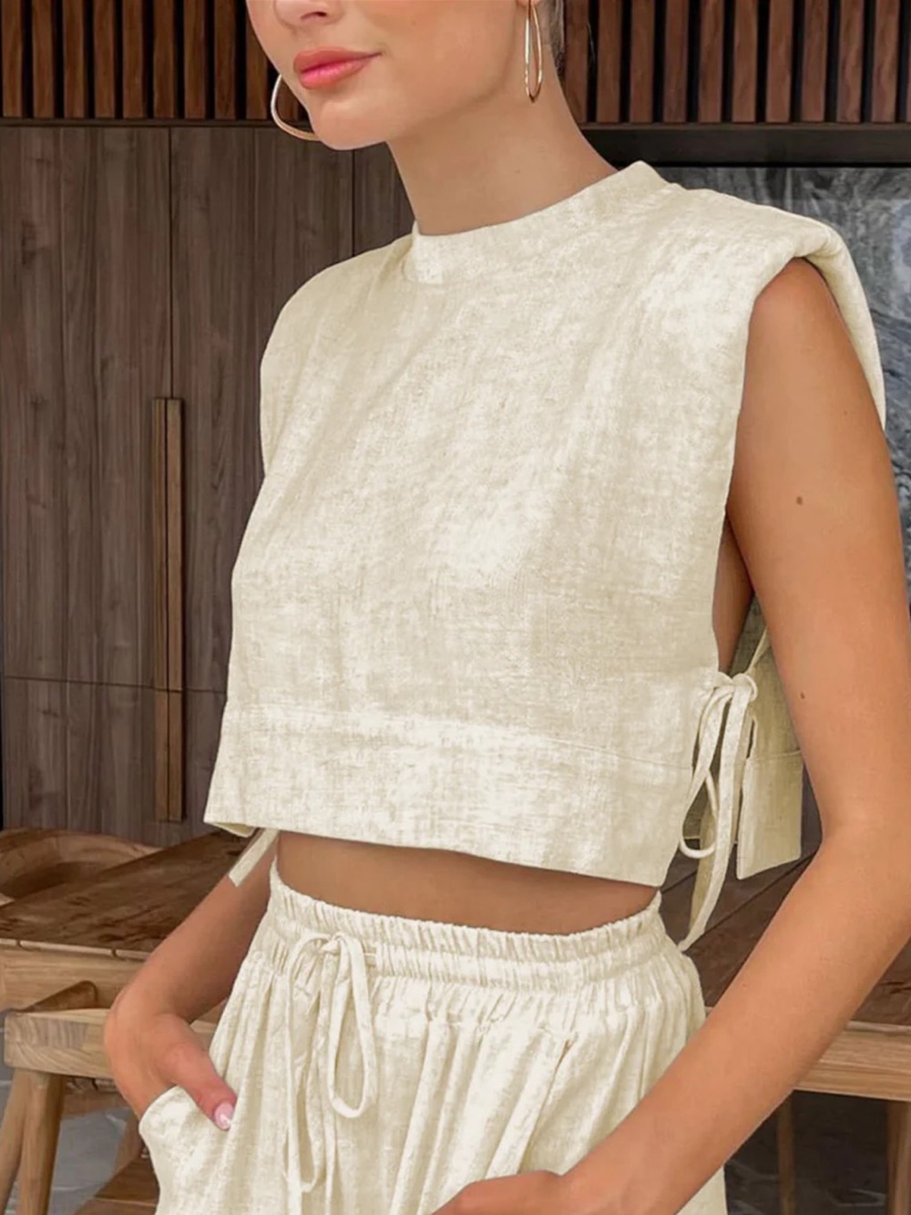 NWT Commense Linen Blend Side Tie Cropped Tank Top Beige Cream Size Medium